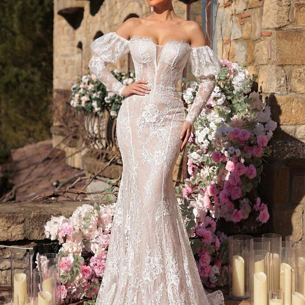 White Elegant Women's Lace Off Shoulder Trailing Dress